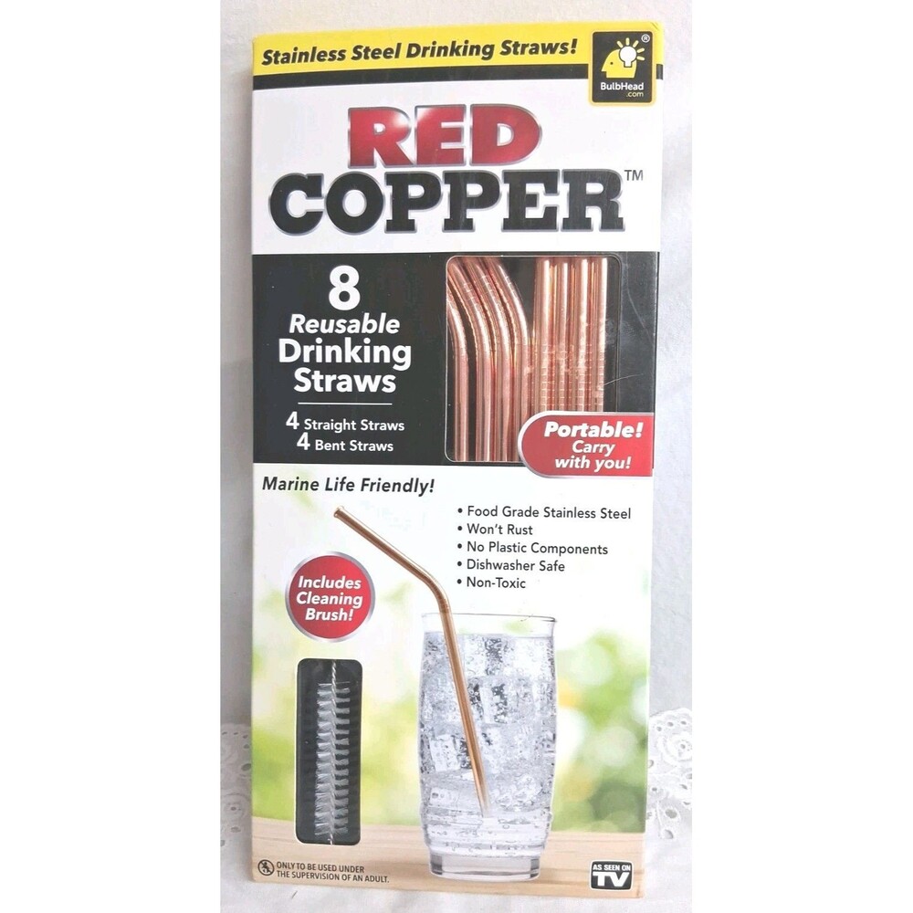 8 Red Copper Reusable Drinking Straws with Cleaning Brush No Microplastic